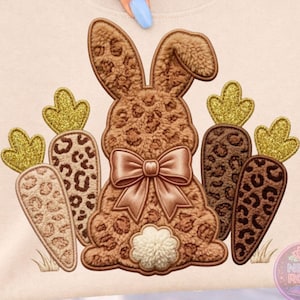 Braune Chenille Bunny PNG, Leopard Karotte Applikation Kaninchen Grafik, Boutique Spring Patch Style Design, Ostern Sublimation Digitaler Download