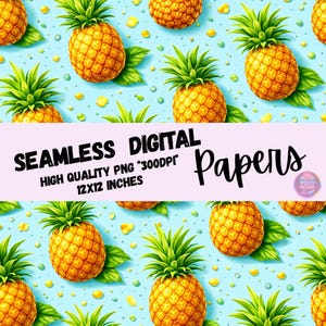 Könnte beinhalten: Nahtloses digitales Papier mit einem sich wiederholenden Muster aus reifen Ananas auf hellblauem Hintergrund. Die Ananas sind gelb und orange mit grünen Blattoberteilen. Der Text "SEAMLESS DIGITAL PAPERS" ist in Schwarz dargestellt.