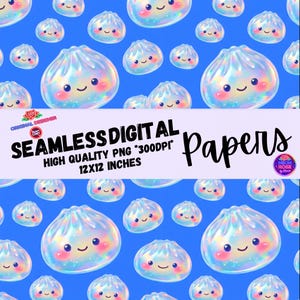 Puede incluir: Patrón repetitivo de papeles digitales sin costuras con dumplings de estilo kawaii sobre un fondo azul. Los dumplings tienen caras sonrientes y son de color nacarado. El texto dice "Seamless Digital Papers High Quality PNG *300DPI* 12x12 Inches", aproximadamente 30,5 x 30,5 cm.