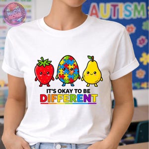 Autismo Frutta PNG Bambini Inclusione Maglietta Va bene essere diversi Puzzle Mela Fragola Pera Insegnante SPED Classe Sublimazione, Autismo PNG