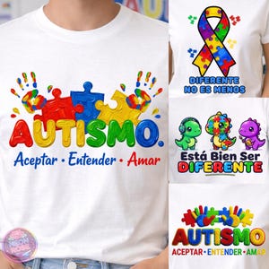 Op de afbeelding: Witte T-shirts met ontwerpen voor autismebewustzijn. Eén shirt heeft een puzzelstukontwerp met het woord "AUTISMO" en de zinnen "Aceptar. Entender. Amar." Andere shirts tonen een lint, dinosaurussen en de zin "Está Bien Ser Diferente."