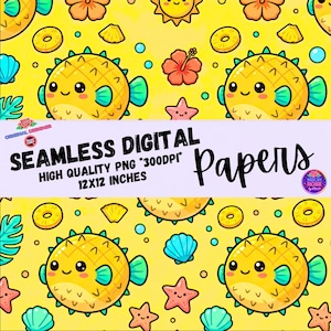 May include: Seamless digital papers with a repeating pattern of smiling yellow pufferfish, starfish, seashells, and other tropical elements on a yellow background. The text "SEAMLESS DIGITAL PAPERS" is displayed. The paper size is 12x12 inches.