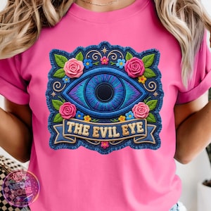 Bordado de ojo turco PNG, diseño de ojo de protección boho, gráfico estilo parche de mezclilla, ojo de calavera con aplique floral, parche bordado PNG
