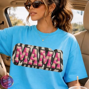Mama Shirt PNG, Faux Leather Patch Mama Design, Pink Checkered Mama Letters, Zebra Print Applique Mama Graphic, Trendy Mom Shirt