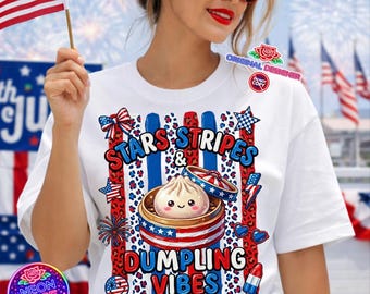 Stars Stripes Dumpling PNG, 4 juli kawaii bao bun shirt, schattig patriottisch foodie-T-shirt, retro luipaard streep VS download
