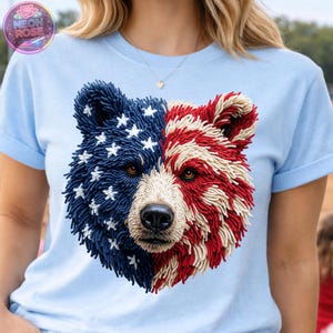 American Bear PNG, Patriotic Bear Face Design, USA Flag Bear Chenille Patch PNG, 4th of July Bear Graphic, Red White Blue Bear