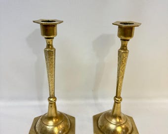 Vintage Solid Brass Art Deco Candlestick Holders