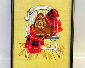 Vintage Framed Crewel Dachsund