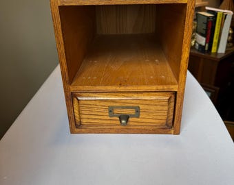 Vintage Solid Oak Desk Organizer with Card Catalog Style Drawer