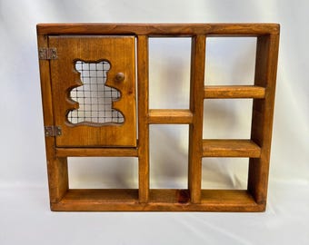 Vintage Solid Wood Trinket Chachki Curio Shelves with Teddy Bear Cut-Out Door
