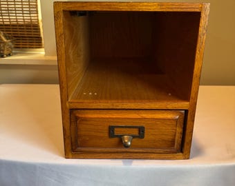 Vintage Solid Oak Desk Organizer with Card Catalog Style Drawer