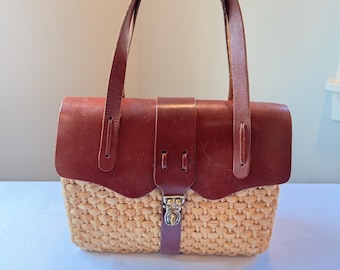 Vintage Straw and Leather Satchel Handbag Mid Century