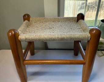 Vintage Wooden Footstool with Woven Rope Seat – Rustic Boho, Mid-Century & Eclectic Decor