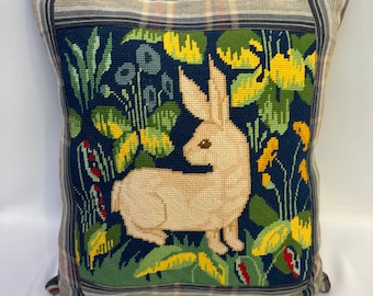 Hand Embroidered Pillow with Bunny Rabbit and Floral