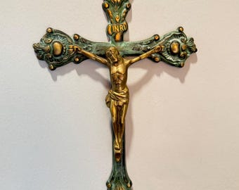 Vintage Ornate Solid Brass Cross Vertigre Patina Crucifix