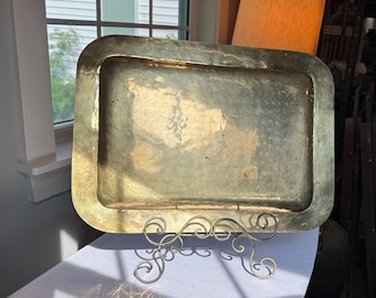 Vintage Solid Hammered Brass Rectangular Tray/Platter with Ornate Gadroon Edges