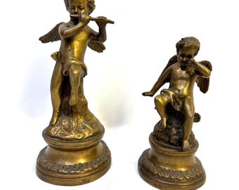 Vintage Solid Brass Hollywood Regency Pair of Cherubs 7.5” and 5.5”