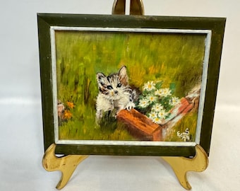 Vintage 1978 Signed Miniature Painting of Cat and Daisies