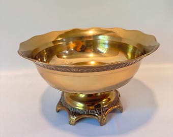Vintage Solid Brass Pedastal Bowl with Arched Base and Embossed Design