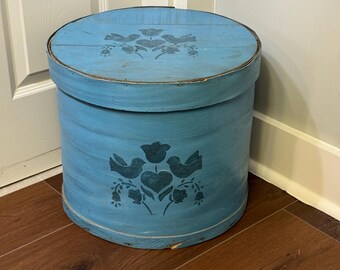 Vintage Primitive Extra Large Pantry Box Blue with Folk Art Design