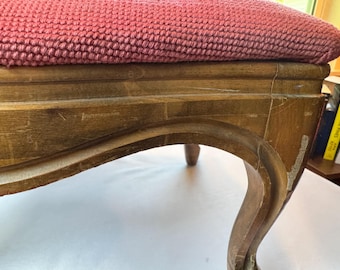 Vintage Wood Stool with Needlepoint Upholstery Mid-Century