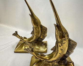 Vintage Mid-century Solid Brass Marlin Fish Bookends
