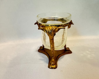 Vintage Solid Brass Ram’s Head Stand with Crackle Glass Votive Candle  Holder