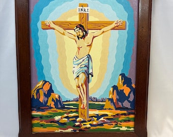 Vintage Framed Paint-By-Number Crucifiction of Jesus