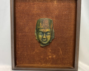Vintage Framed Mask on Burlap Covered Wood 12.5” X 14.5”