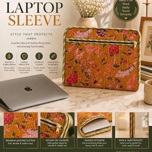 May include: A rectangular quilted laptop sleeve in a mustard yellow fabric featuring a multi-coloured floral print. The sleeve has a horizontal zippered pocket on the front, green and white striped piping along the edges, and a gold-tone zipper.