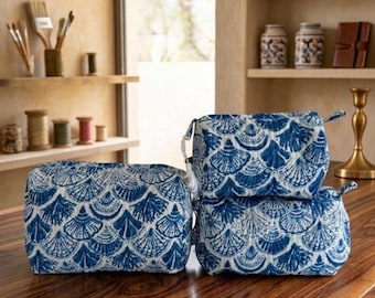 Quilted Blue White Cosmetic Bags, Handmade Toiletry Travel Organizer (Waterproof)