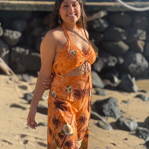 Tropically inspired sarong pants with matching halter top • two piece ladies luau set • matching sets • Hawaiian top • floral prints •