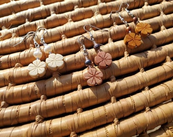 Best sellers • lightweight wooden Hawaiian plumeria flower earrings • handmade dangle earrings • earth tones and pearls • free shipping •