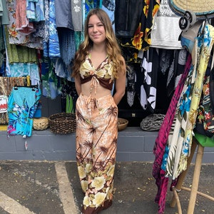 Tropically inspired sarong pants with matching halter top • two piece ladies luau set • matching sets • Hawaiian top • floral prints •