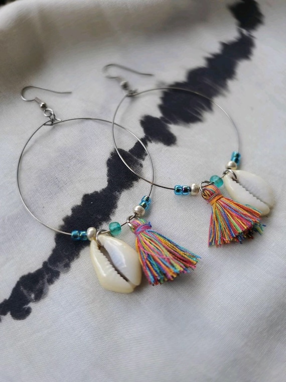 Summer Hoops • Tassle and Cowrie Shell Charm Hoop Earrings