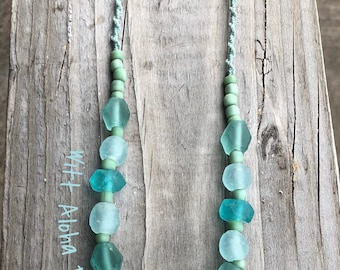 bold chunky blues glass necklace macrame toggle clasp beach and tropical seafoam teal turquoise