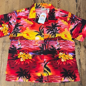 May include: A red, yellow, and black Hawaiian shirt with a sunset and palm tree print. The shirt has a button-up front and short sleeves. The label on the shirt says "Sunny Island".