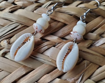 Calm and cool cowrie shell earrings • puka shell earrings • taupe earrings •