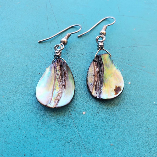 Paua abalone seashell raindrops • artisan earrings • seashell earrings • Hawaiian seashell earrings • gift for her • free shipping •