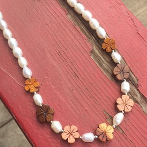 Plumeria blossom necklace • Hawaiian necklace • made to order • wooden flower beads • pearls • island style necklace •