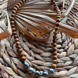 Genuine Tahitian Black Pearl & Sandalwood Bead Necklace: Metal-Free Boho Jewelry