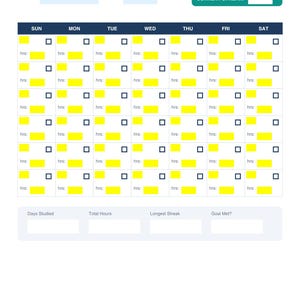May include: A study streak tracker with a blue header reading "STUDY STREAK TRACKER." The tracker features a grid for each day of the week, with boxes to check and spaces to record hours studied. Sections are included for total hours, longest streak, and goal met.