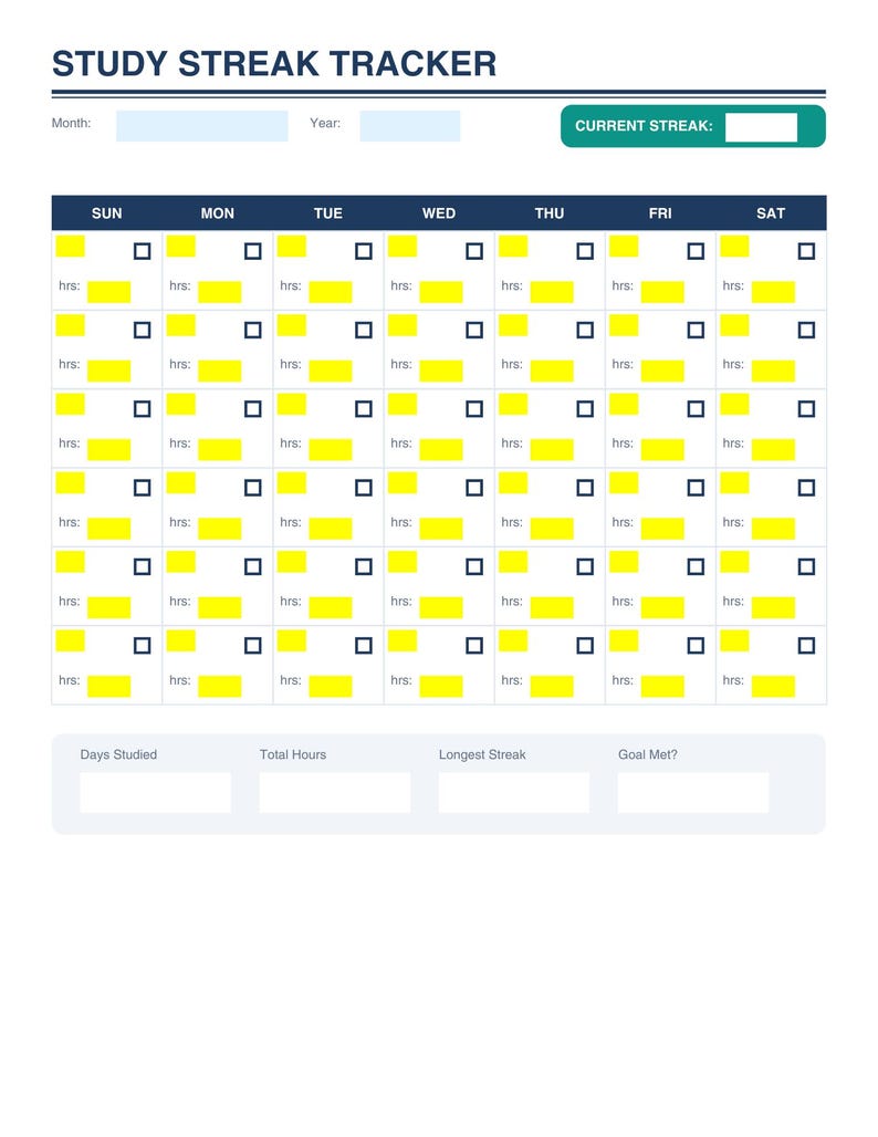 May include: A study streak tracker with a blue header reading "STUDY STREAK TRACKER." The tracker features a grid for each day of the week, with boxes to check and spaces to record hours studied. Sections are included for total hours, longest streak, and goal met.