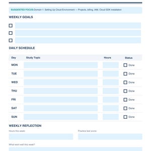 May include: A white weekly study plan template with blue accents. The top includes the text "WEEKLY STUDY PLAN" and "WEEK 1". It features sections for weekly goals, a daily schedule, and weekly reflection.