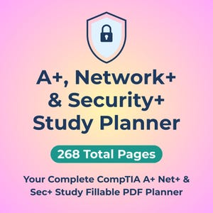 Puede incluir: Un planificador de estudio digital con un fondo degradado rosa y morado. El texto dice "A+, Network+ & Security+ Study Planner" con un icono de escudo y un candado. También indica "268 Total Pages" y "Your Complete CompTIA A+ Net+ & Sec+ Study Fillable PDF Planner."