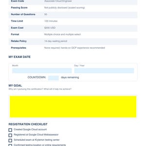 May include: A white document titled "EXAM OVERVIEW" detailing the Associate Cloud Engineer exam. It lists the exam code, passing score, 50 questions, a 120-minute time limit, and a &pound;158 exam cost. A checklist for registration is also included.
