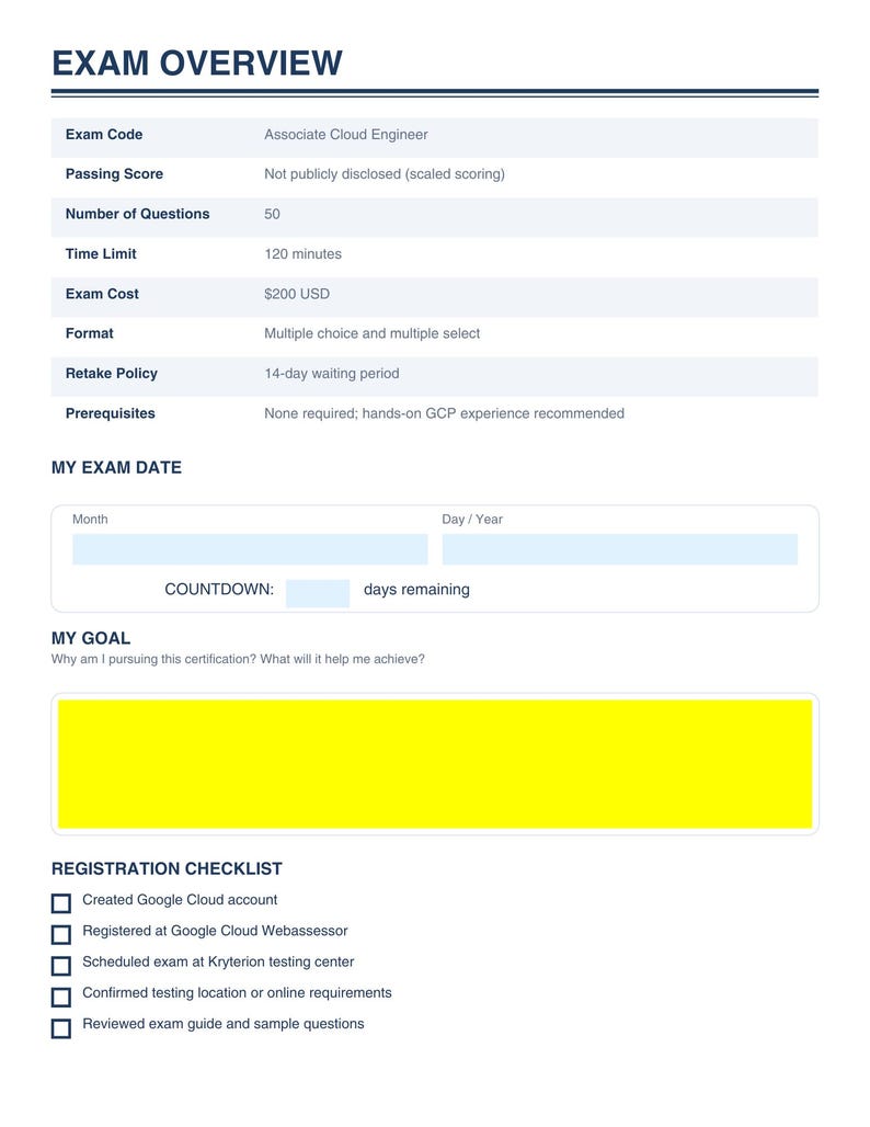 May include: A white document titled "EXAM OVERVIEW" detailing the Associate Cloud Engineer exam. It lists the exam code, passing score, 50 questions, a 120-minute time limit, and a &pound;158 exam cost. A checklist for registration is also included.