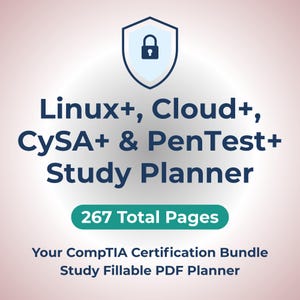 Peut inclure: Un planificateur d'étude numérique avec le texte "Linux+, Cloud+, CySA+ & PenTest+ Study Planner" et "267 Total Pages". L'image présente une icône de bouclier avec un cadenas et le texte "Your CompTIA Certification Bundle Study Fillable PDF Planner".