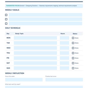 May include: A blue and white weekly study plan template. It features sections for weekly goals, a daily schedule, and weekly reflection. The text includes "Weekly Study Plan", "Weekly Goals", and "Daily Schedule".