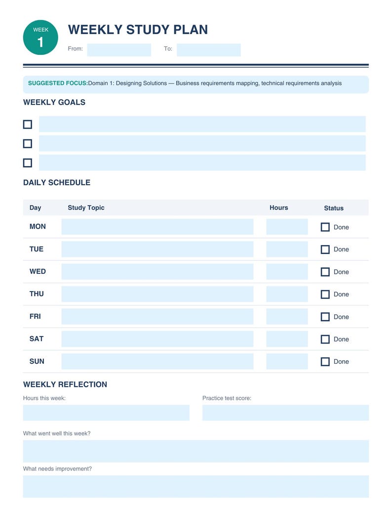 May include: A blue and white weekly study plan template. It features sections for weekly goals, a daily schedule, and weekly reflection. The text includes "Weekly Study Plan", "Weekly Goals", and "Daily Schedule".